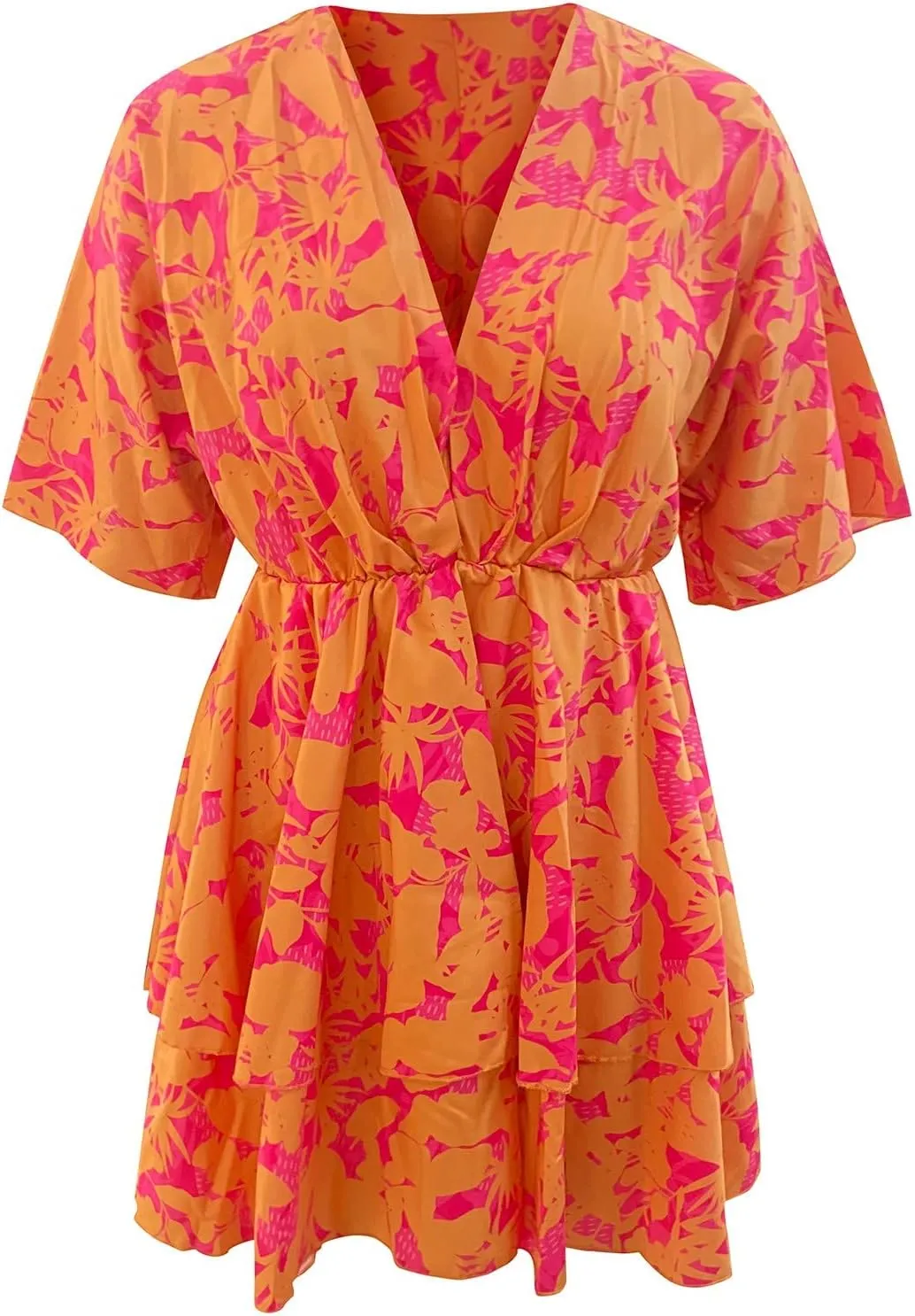 BAXLIMEK Beach Dresses for Women,2025 Elegant Deep V Neck Batwing Sleeve Mini Dress Flowy Ruched Tiered Print Vacation Dress