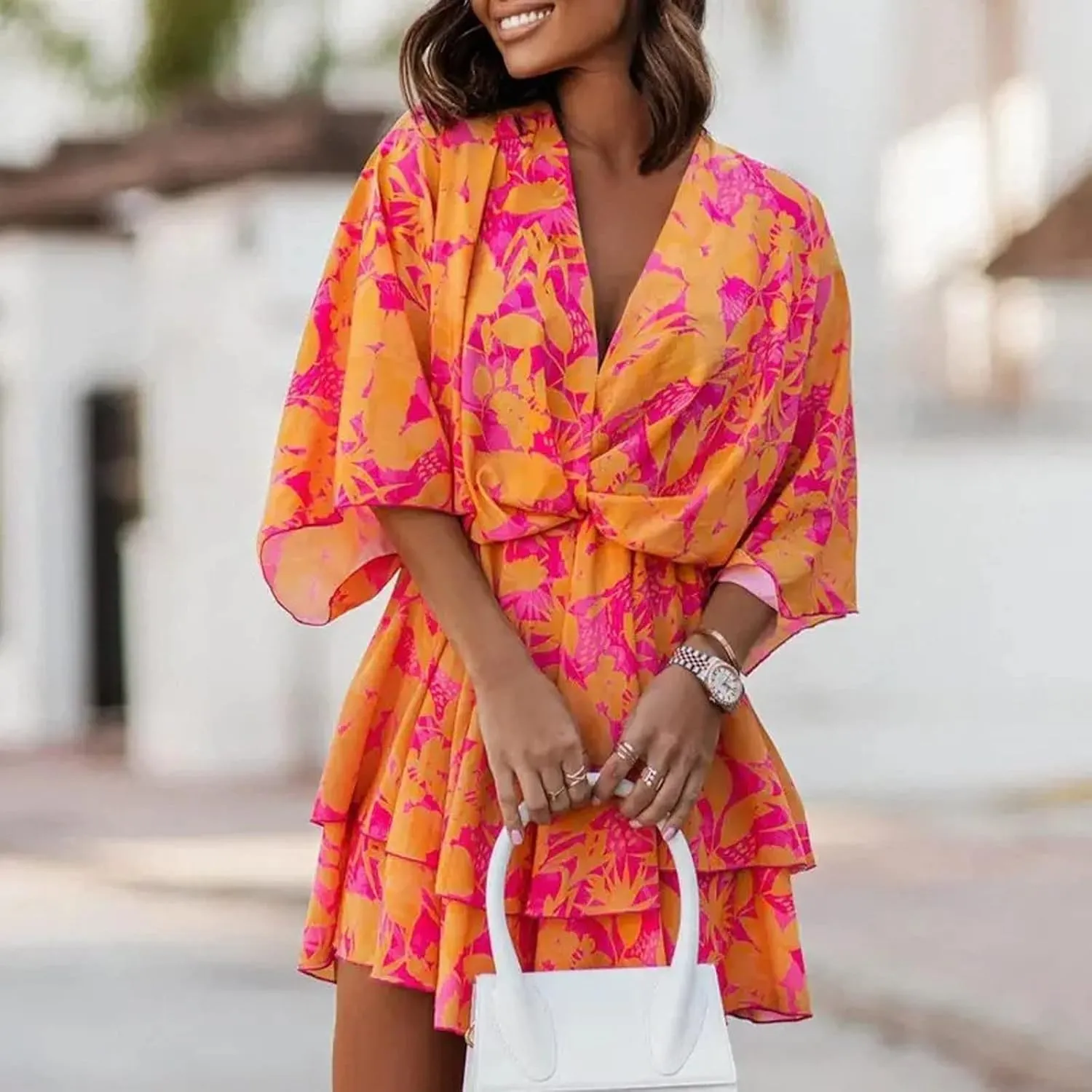 BAXLIMEK Beach Dresses for Women,2025 Elegant Deep V Neck Batwing Sleeve Mini Dress Flowy Ruched Tiered Print Vacation Dress
