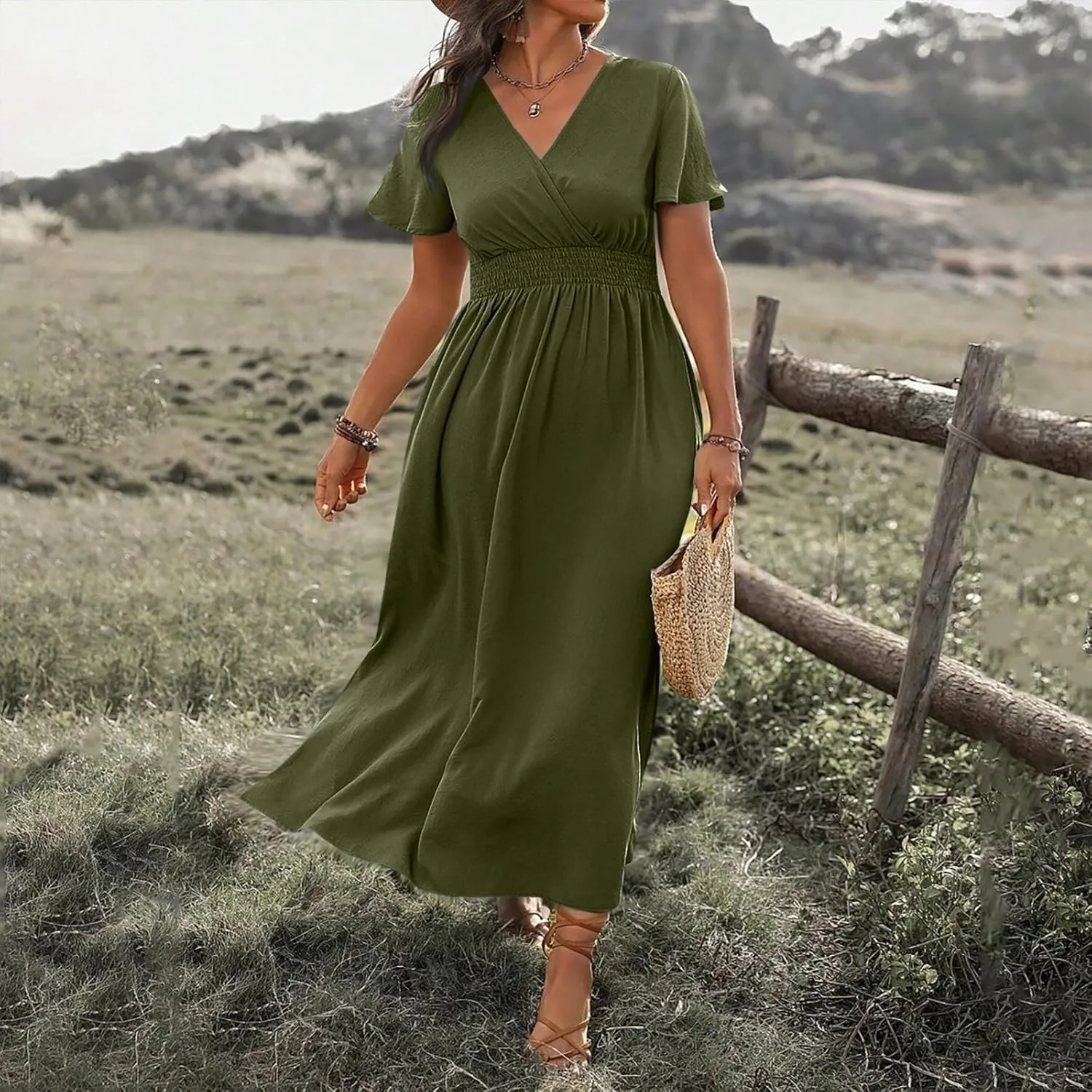 BAXLIMEK Maxi Dresses for Women,2025 Spring Summer Elegant V Neck Short Sleeve Beach Dress,Flowy Ruched Vacation Boho Dress