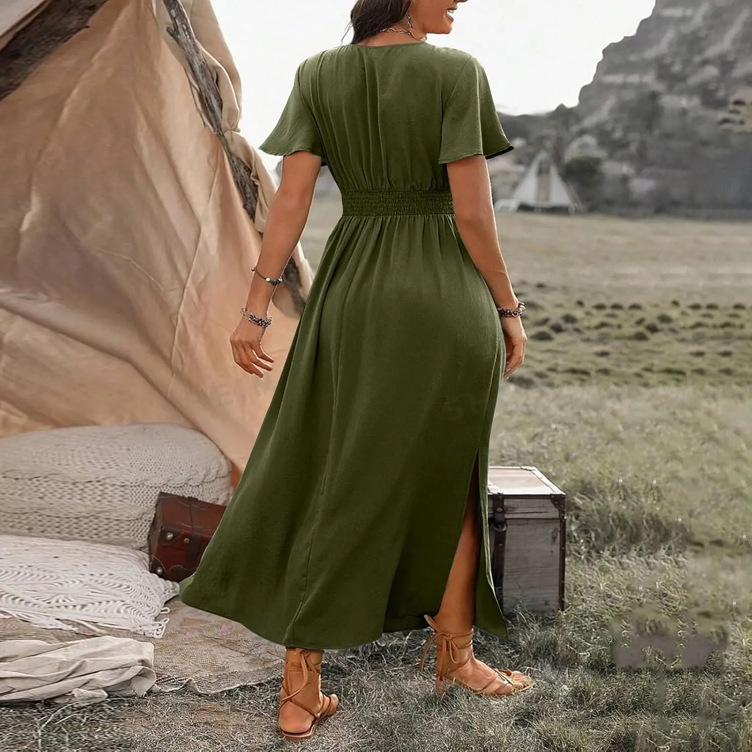 BAXLIMEK Maxi Dresses for Women,2025 Spring Summer Elegant V Neck Short Sleeve Beach Dress,Flowy Ruched Vacation Boho Dress