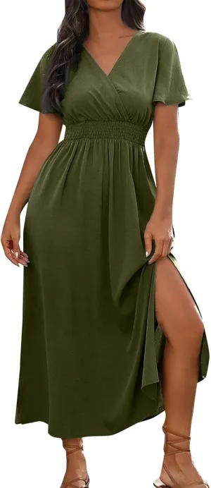 BAXLIMEK Maxi Dresses for Women,2025 Spring Summer Elegant V Neck Short Sleeve Beach Dress,Flowy Ruched Vacation Boho Dress