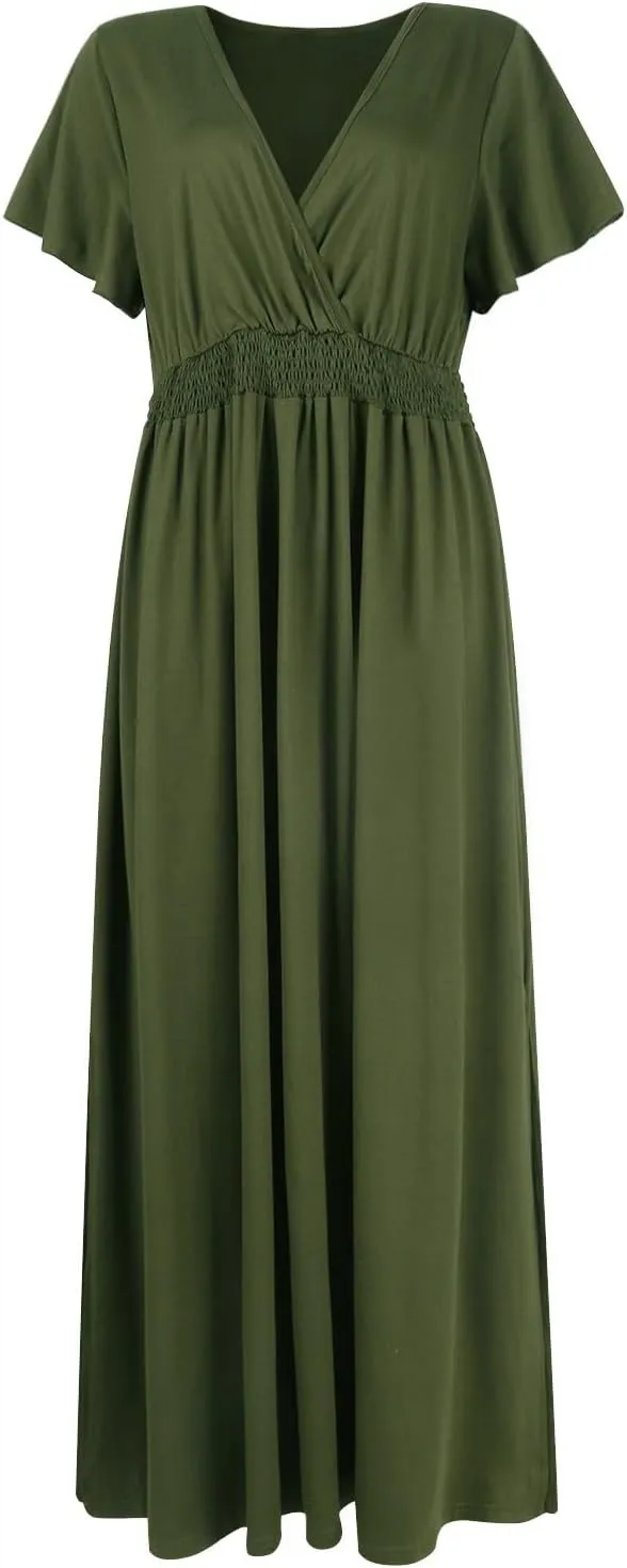 BAXLIMEK Maxi Dresses for Women,2025 Spring Summer Elegant V Neck Short Sleeve Beach Dress,Flowy Ruched Vacation Boho Dress