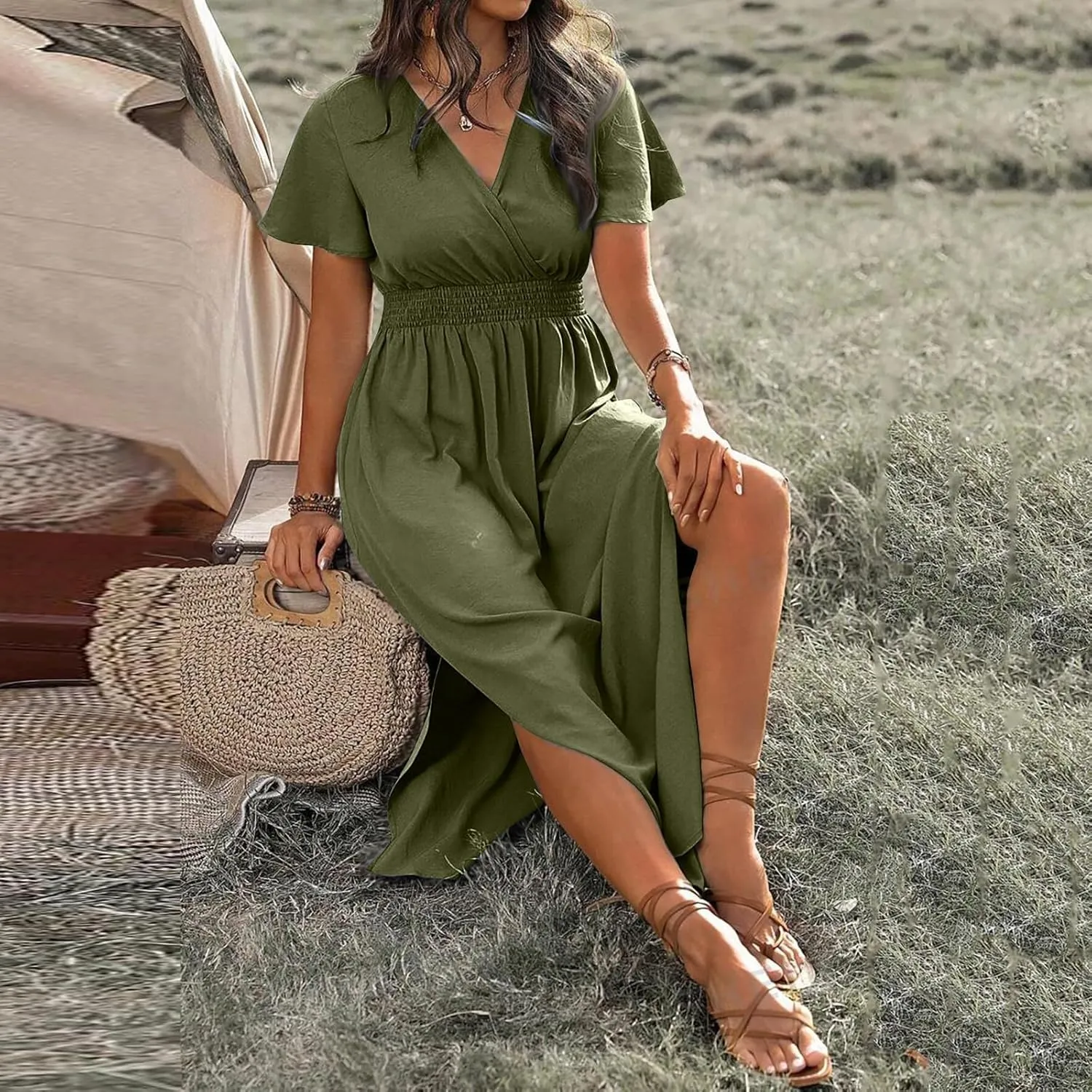 BAXLIMEK Maxi Dresses for Women,2025 Spring Summer Elegant V Neck Short Sleeve Beach Dress,Flowy Ruched Vacation Boho Dress