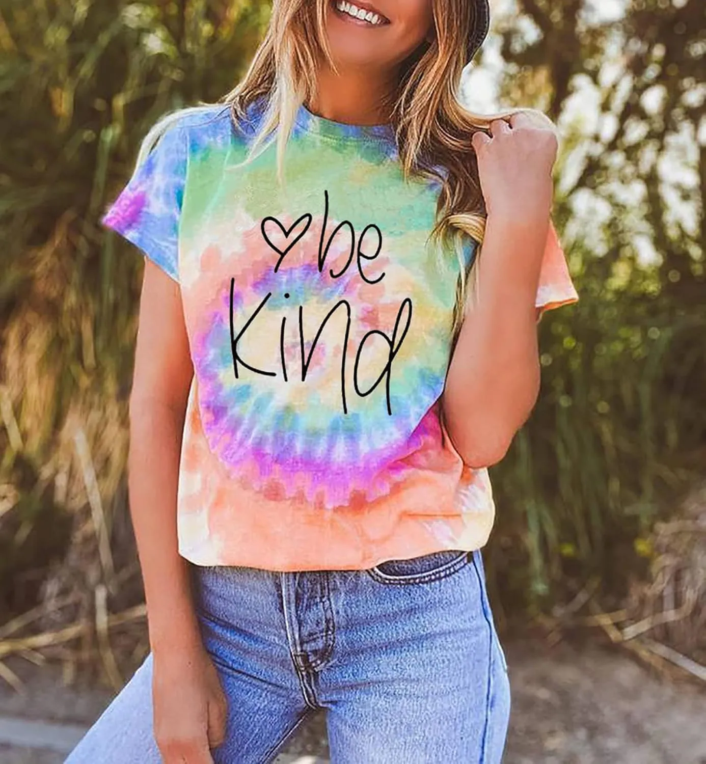 Be Kind Tie Dye T-Shirt for Women Inspirational Graphic Tee Letter Print Casual Short Sleeve Tops