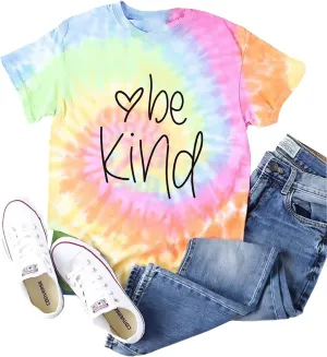 Be Kind Tie Dye T-Shirt for Women Inspirational Graphic Tee Letter Print Casual Short Sleeve Tops