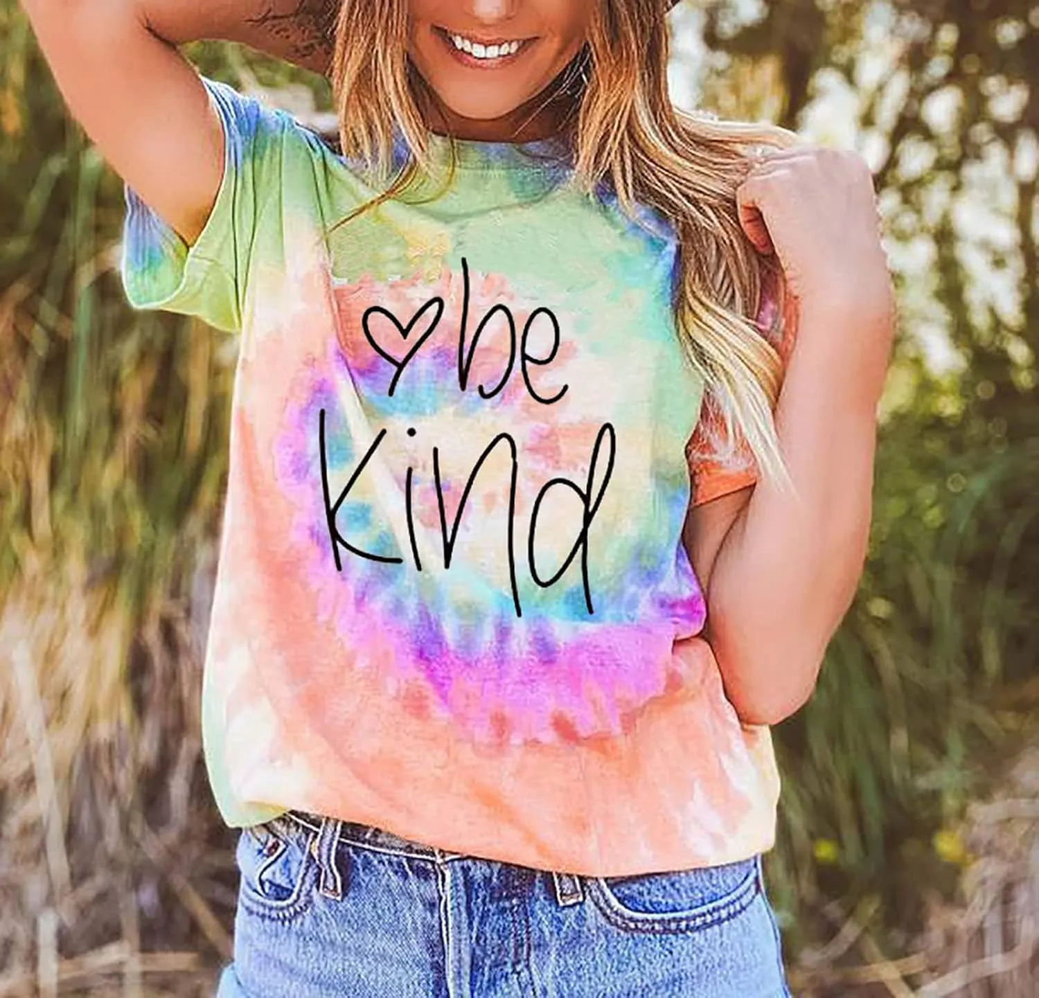 Be Kind Tie Dye T-Shirt for Women Inspirational Graphic Tee Letter Print Casual Short Sleeve Tops