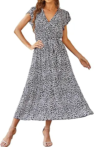 Beach Dresses for Women,2025 Spring Summer Trendy Floral Boho Dress,Elegant V Neck Flowy Ruched Vacation Maxidress