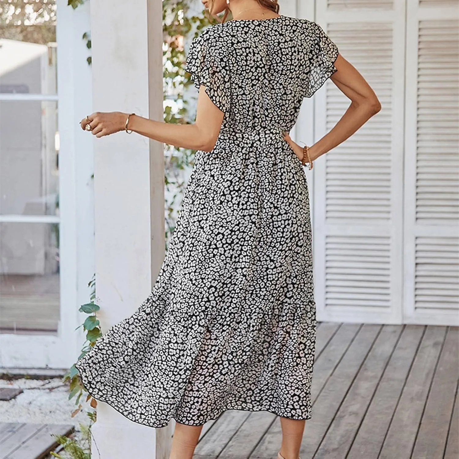 Beach Dresses for Women,2025 Spring Summer Trendy Floral Boho Dress,Elegant V Neck Flowy Ruched Vacation Maxidress