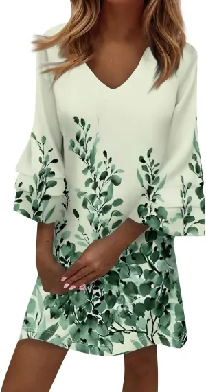 Beach Dresses for Women,2025 Summer Trendy Floral Print Boho Dress,Casual Loose V Neck Bell 3/4 Sleeve Mini Dress