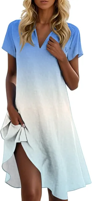 Beach Vacation Clothes for Women Womens Summer Dresses Trendy 2025 V-Neck Short Sleeve Sundress Novelty Dress
