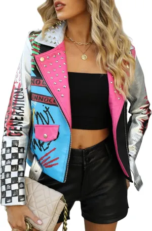 Bellivera Faux Leather Jacket for Women Studded Rivet Floral Moto Biker Short Lapel Coat
