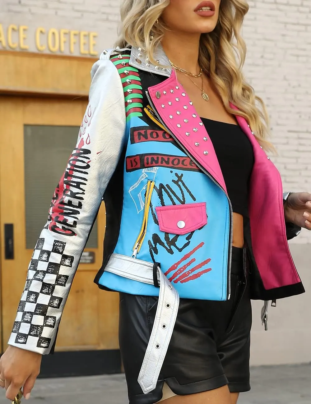 Bellivera Faux Leather Jacket for Women Studded Rivet Floral Moto Biker Short Lapel Coat