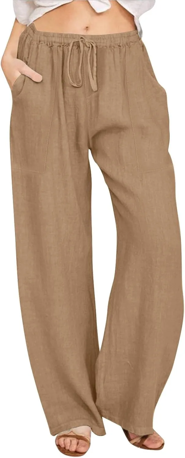 Black Pants for Women Cotton Linen Wide Leg Summer, Capris Pants for Women Trousers Cargo Flowy High Waisted