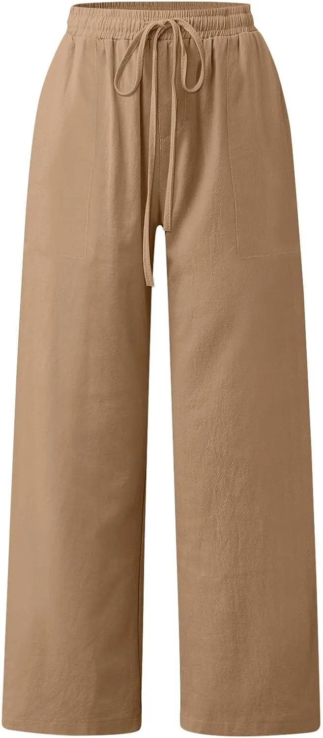 Black Pants for Women Cotton Linen Wide Leg Summer, Capris Pants for Women Trousers Cargo Flowy High Waisted
