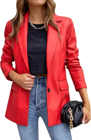 BOFETA Women's Long Sleeve Faux Leather Blazer Solid Color Lapel Neck Work Blazer Jacket Coat with Pockets