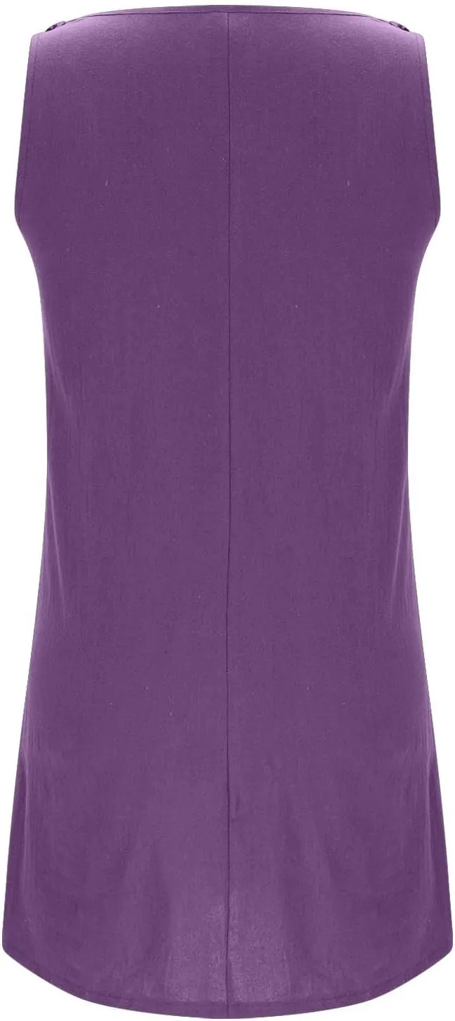 Boho Dress for Women Summer Solid Color Round Neck Sleeveless Mini Dress Casual Button Strap Sundresses with Pockets