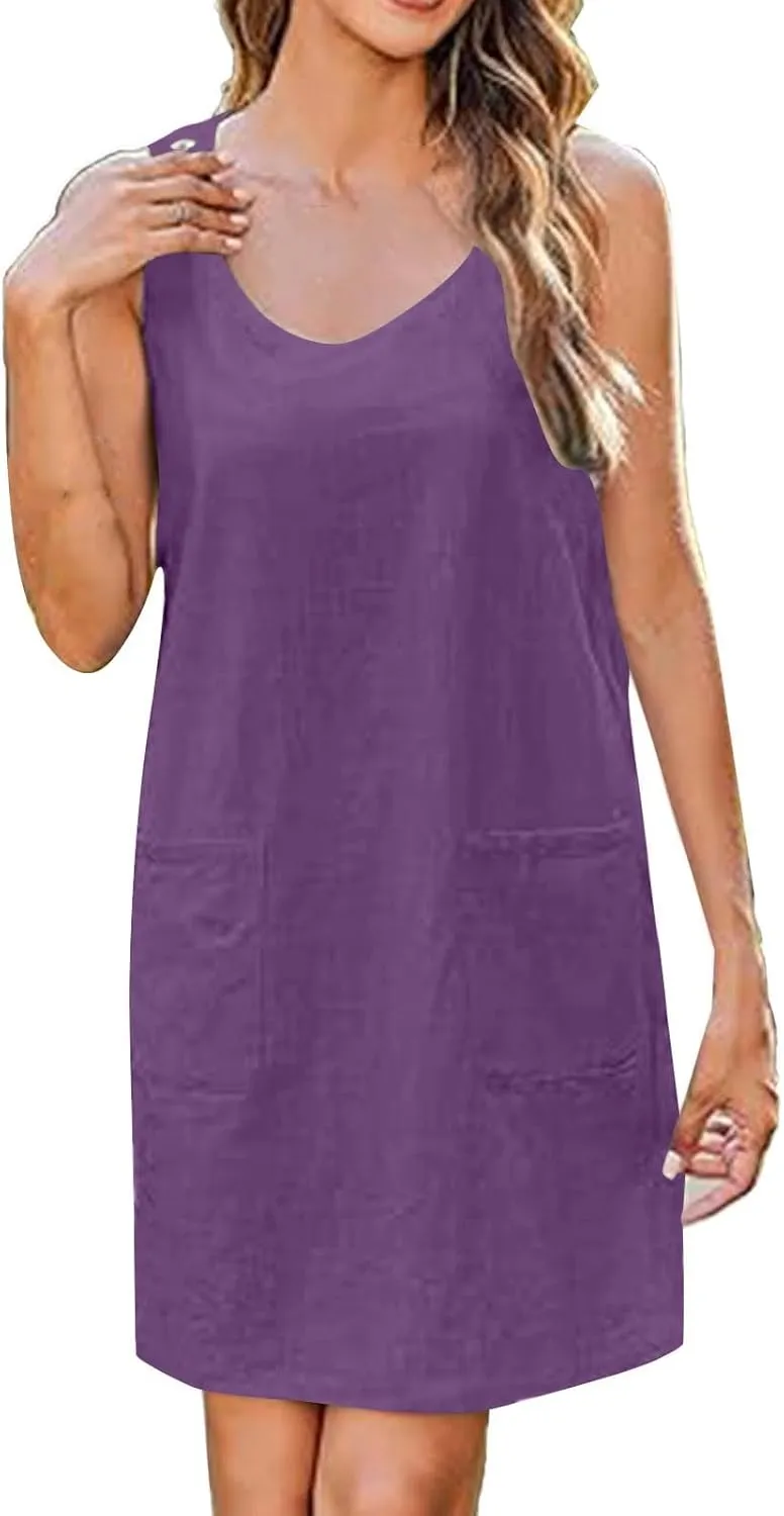 Boho Dress for Women Summer Solid Color Round Neck Sleeveless Mini Dress Casual Button Strap Sundresses with Pockets
