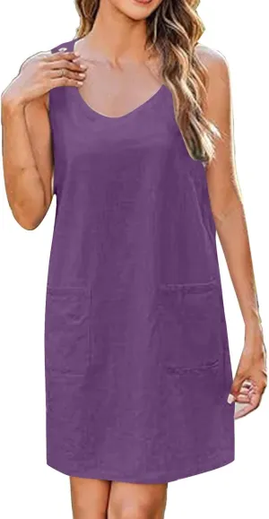 Boho Dress for Women Summer Solid Color Round Neck Sleeveless Mini Dress Casual Button Strap Sundresses with Pockets