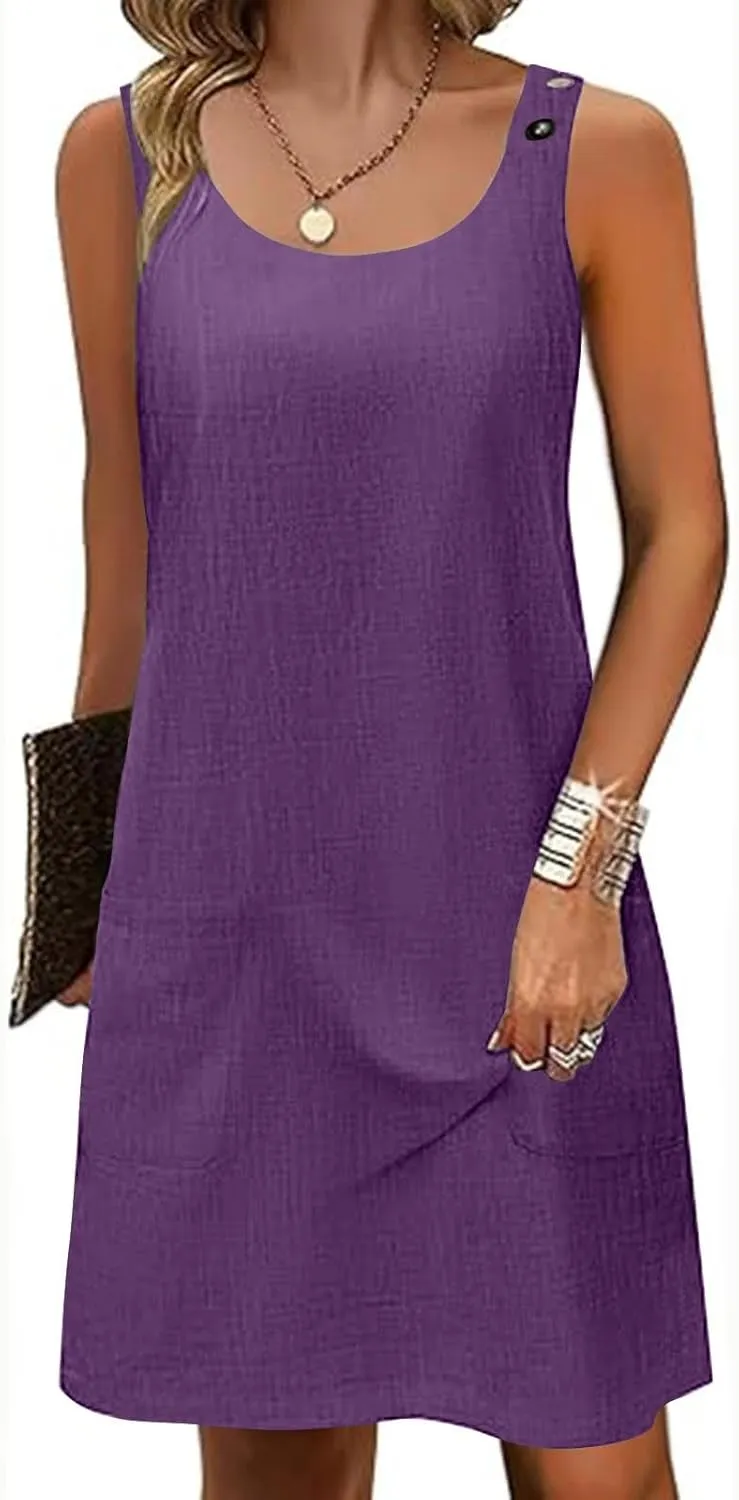 Boho Dress for Women Summer Solid Color Round Neck Sleeveless Mini Dress Casual Button Strap Sundresses with Pockets