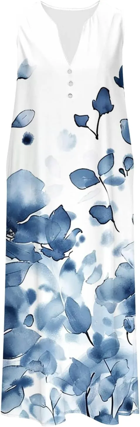 Boho Dresses for Women's 2025 Sundress Plus Loose V Neck Sleeveless Dress Trendy Summer Floral Print Swimsuit Coverups