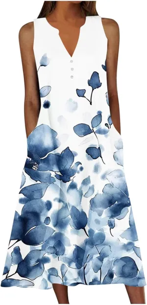 Boho Dresses for Women's 2025 Sundress Plus Loose V Neck Sleeveless Dress Trendy Summer Floral Print Swimsuit Coverups
