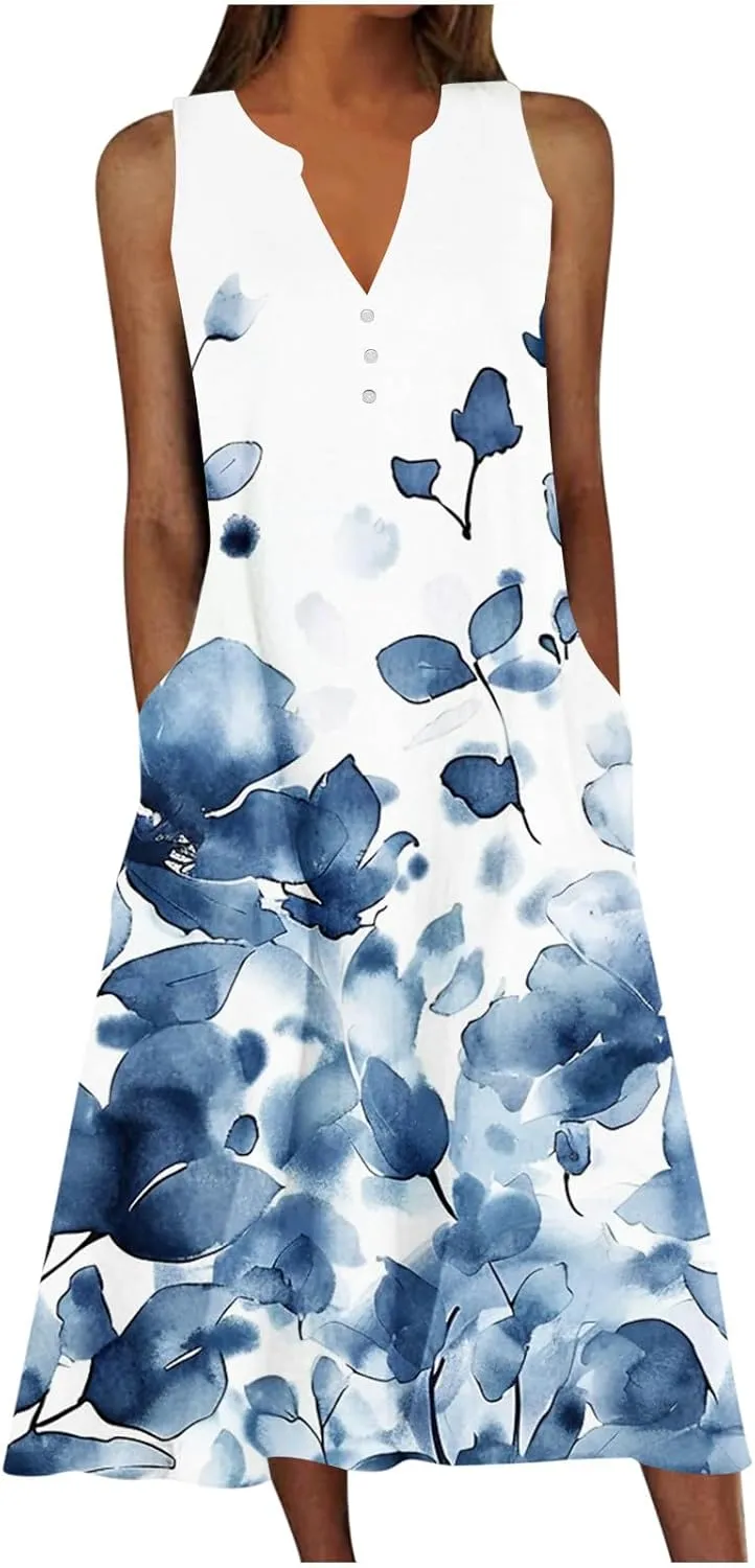 Boho Dresses for Women's 2025 Sundress Plus Loose V Neck Sleeveless Dress Trendy Summer Floral Print Swimsuit Coverups