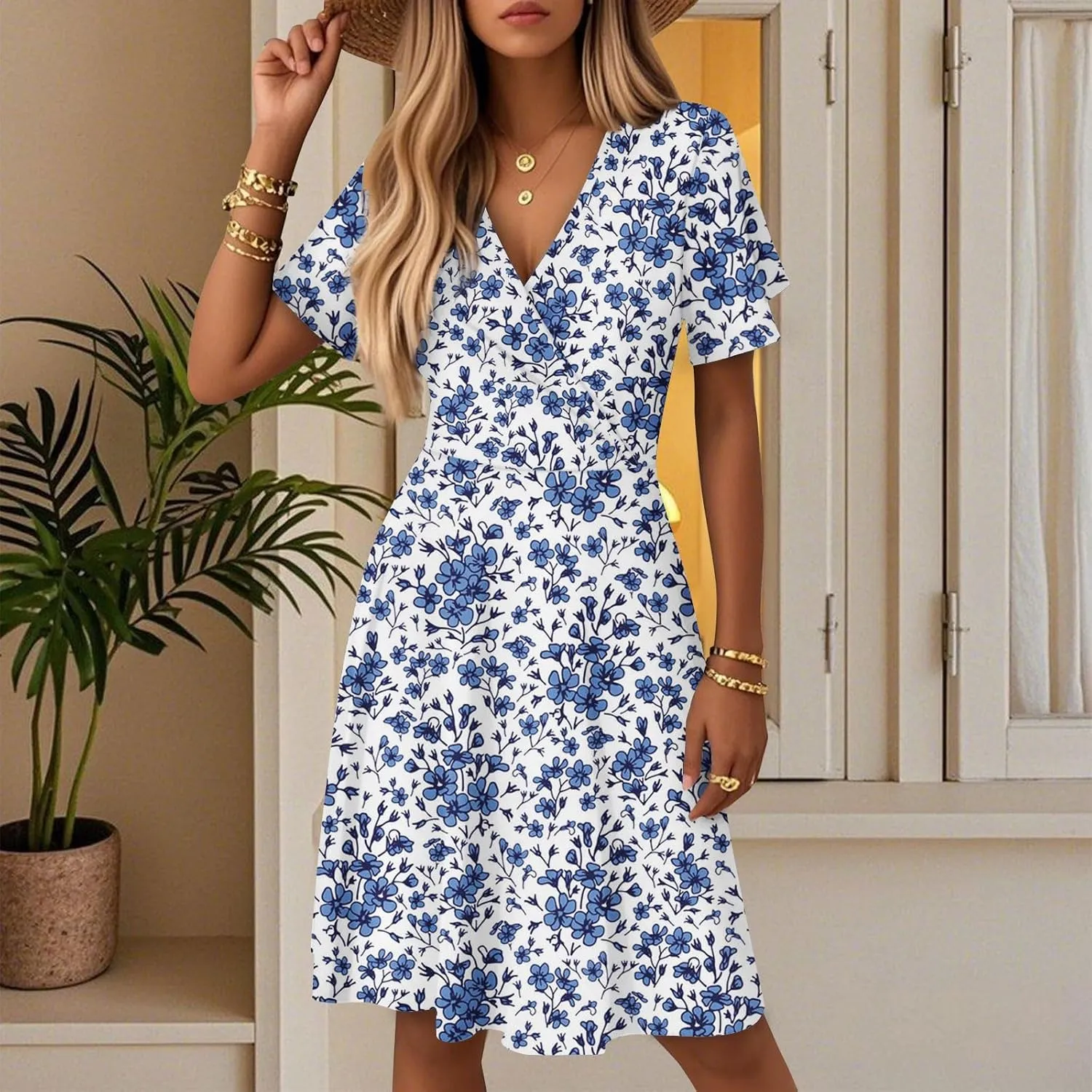 Boho Floral Knee Length Summer Sundresses for Women, V-Neck Short Sleeve High Waist Loose Fit Casual Beach Dress