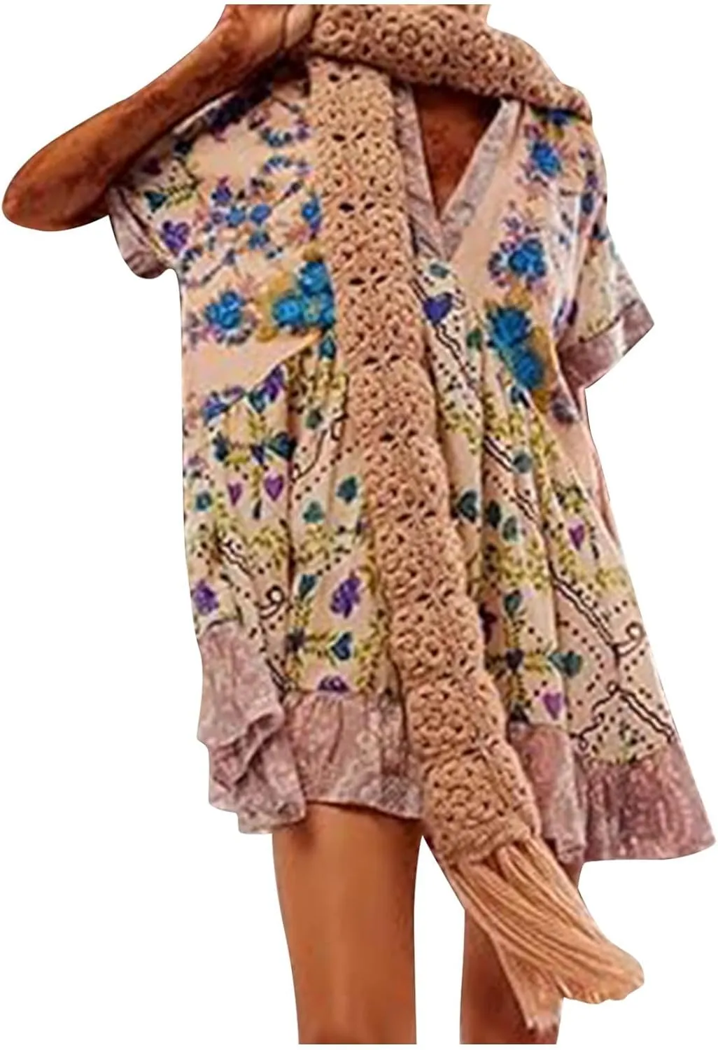 Boho Summer Floral Sundresses for Women 2024 Babydoll Flowy Short Sleeve Beach Mini Dress Deep V-Neck T-Shirt Dresses