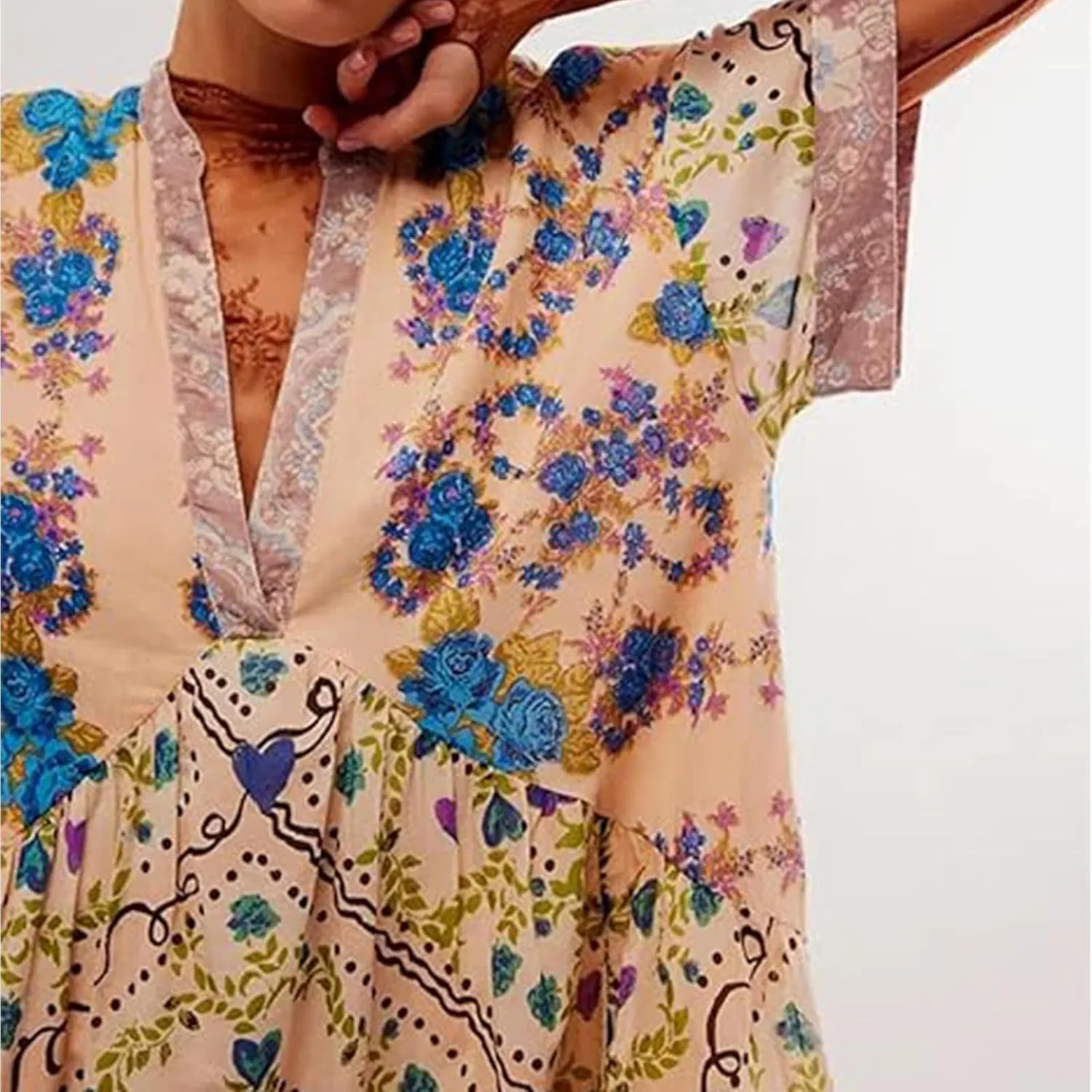 Boho Summer Floral Sundresses for Women 2024 Babydoll Flowy Short Sleeve Beach Mini Dress Deep V-Neck T-Shirt Dresses