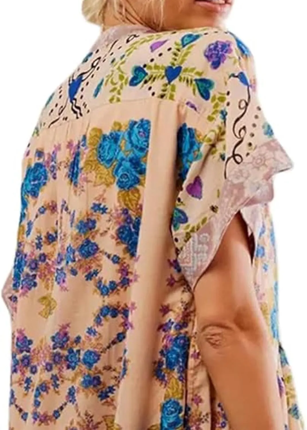 Boho Summer Floral Sundresses for Women 2024 Babydoll Flowy Short Sleeve Beach Mini Dress Deep V-Neck T-Shirt Dresses