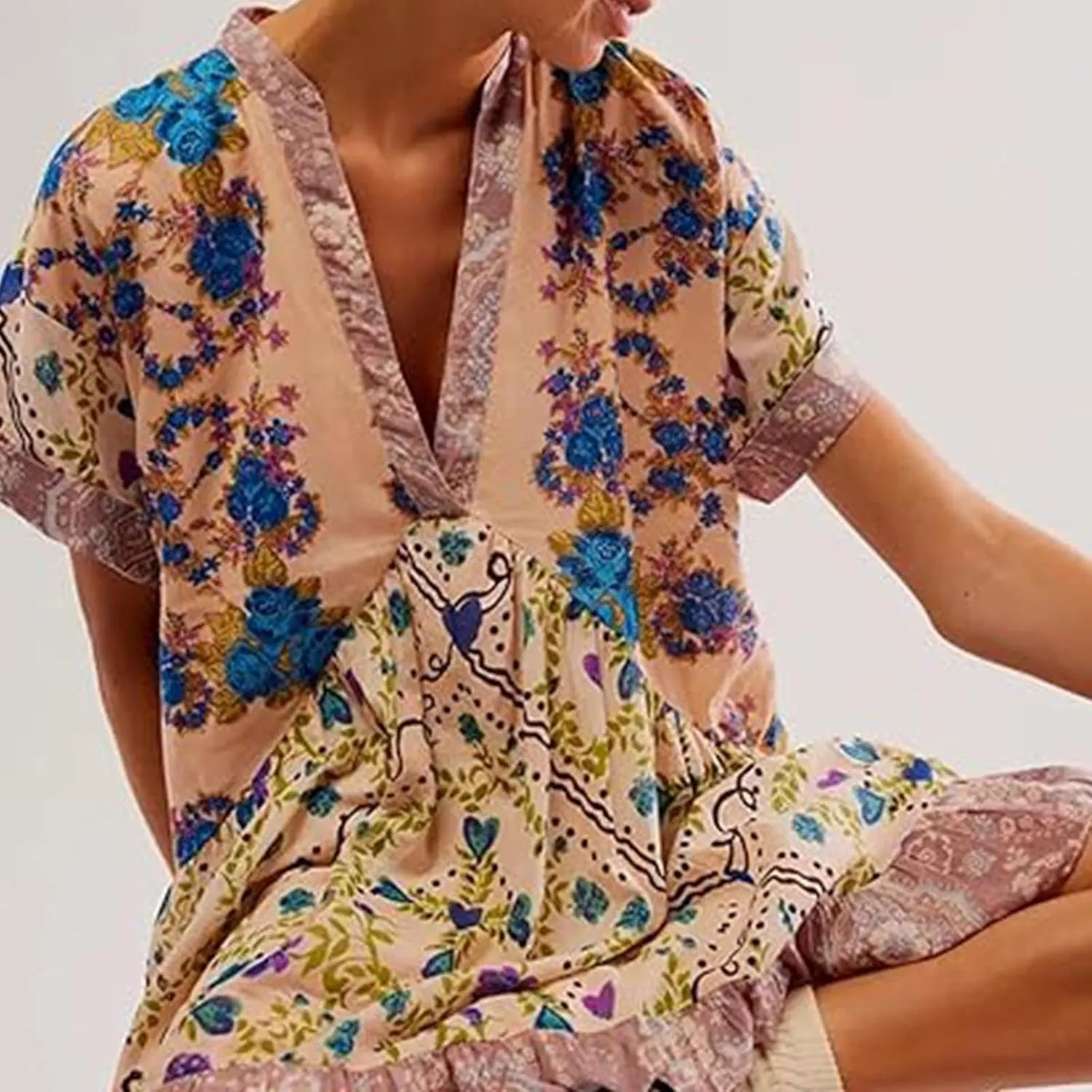 Boho Summer Floral Sundresses for Women 2024 Babydoll Flowy Short Sleeve Beach Mini Dress Deep V-Neck T-Shirt Dresses