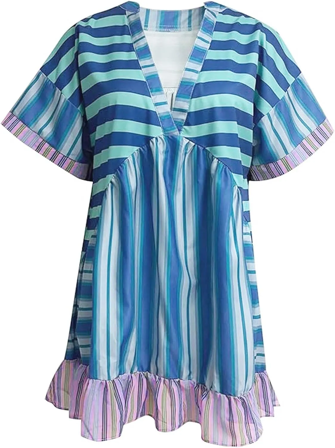 Boho Summer Floral Sundresses for Women 2024 Babydoll Flowy Short Sleeve Beach Mini Dress Deep V-Neck T-Shirt Dresses