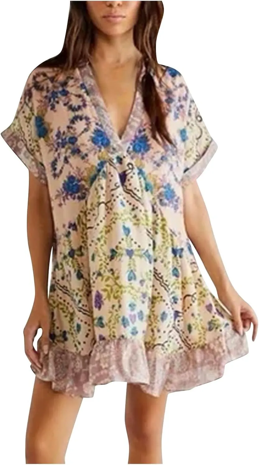 Boho Summer Floral Sundresses for Women 2024 Babydoll Flowy Short Sleeve Beach Mini Dress Deep V-Neck T-Shirt Dresses