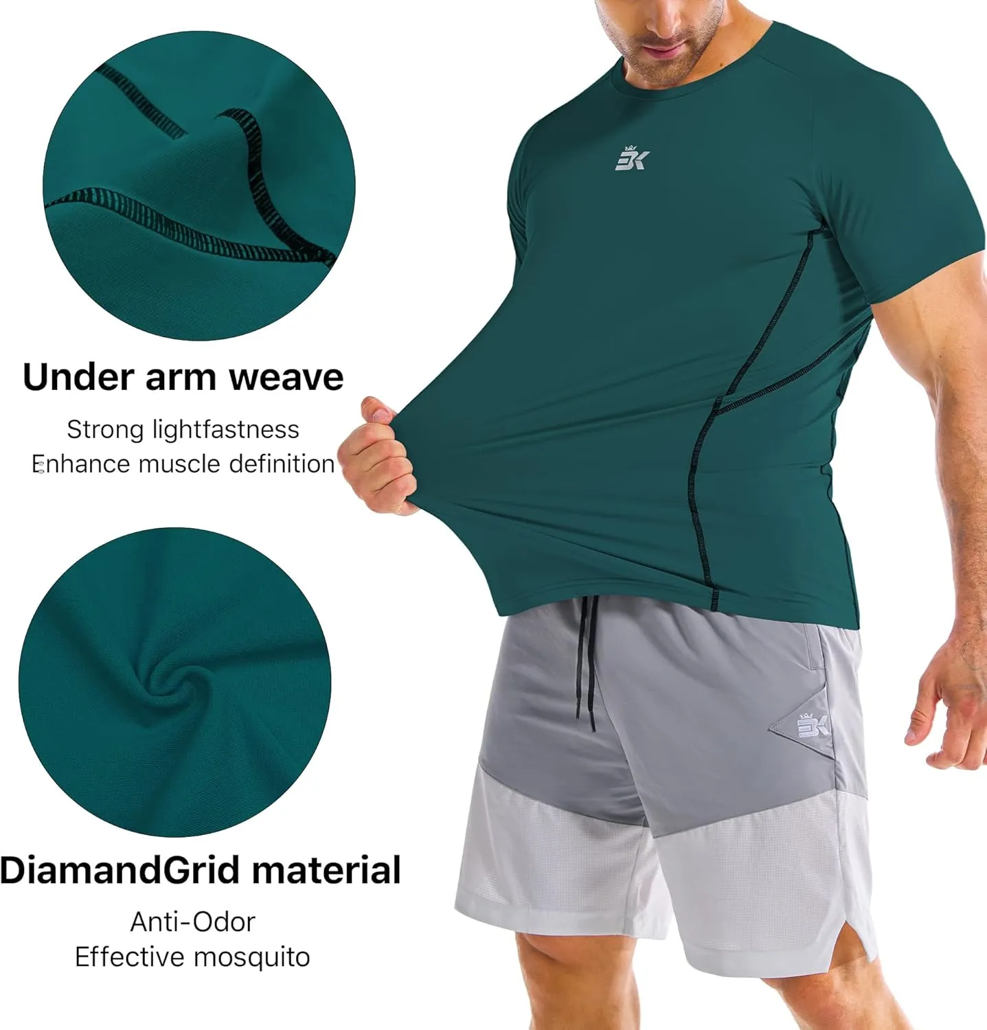 BROKIG Men's DiamondGrid Workout Gym Shirt-Breathable Short Sleeve Muscle Tee,Quick Dry Crewneck Top for Bodybuilding