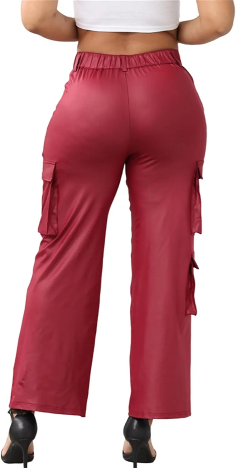 CALEBGAR Women's Faux Leather Pants Stretchy High Waisted Straight Wide Leg Baggy Cargo Pants Trousers with Pockets