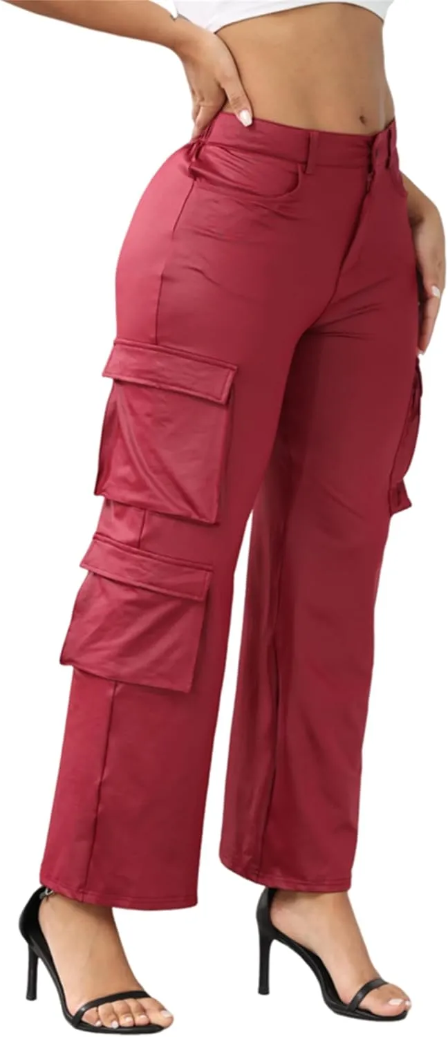 CALEBGAR Women's Faux Leather Pants Stretchy High Waisted Straight Wide Leg Baggy Cargo Pants Trousers with Pockets