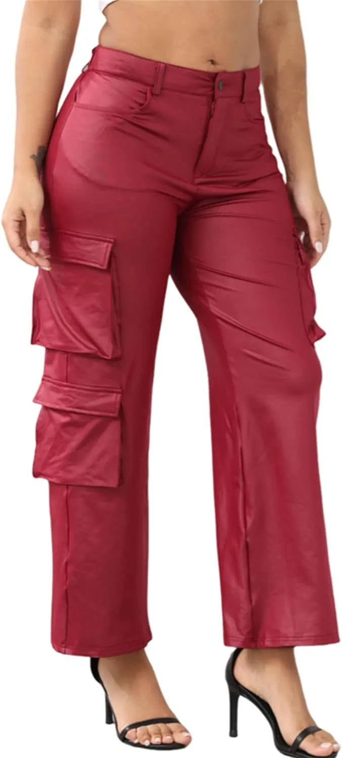 CALEBGAR Women's Faux Leather Pants Stretchy High Waisted Straight Wide Leg Baggy Cargo Pants Trousers with Pockets