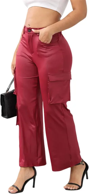 CALEBGAR Women's Faux Leather Pants Stretchy High Waisted Straight Wide Leg Baggy Cargo Pants Trousers with Pockets