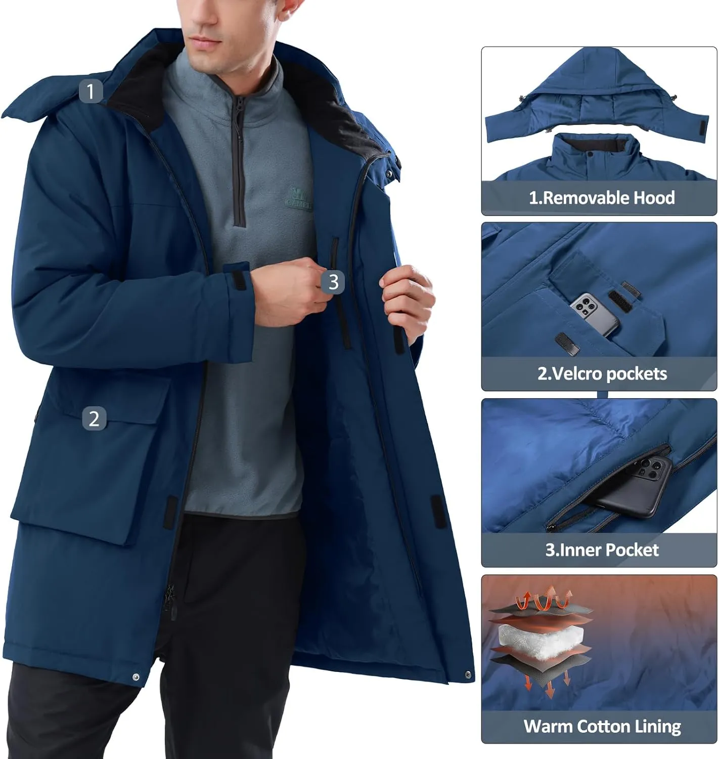 CAMELSPORTS Mens Winter Coats Long Warm Jacket with Hood Casual Quilted Puffer Parka Windproof Jackets