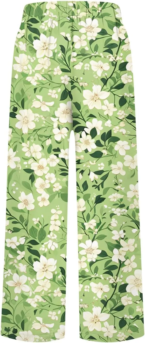 Capri Pants for Women Boho Floral Casual Linen Pants Elastic Waisted Drawstring Summer Beach Trouser with Pockets