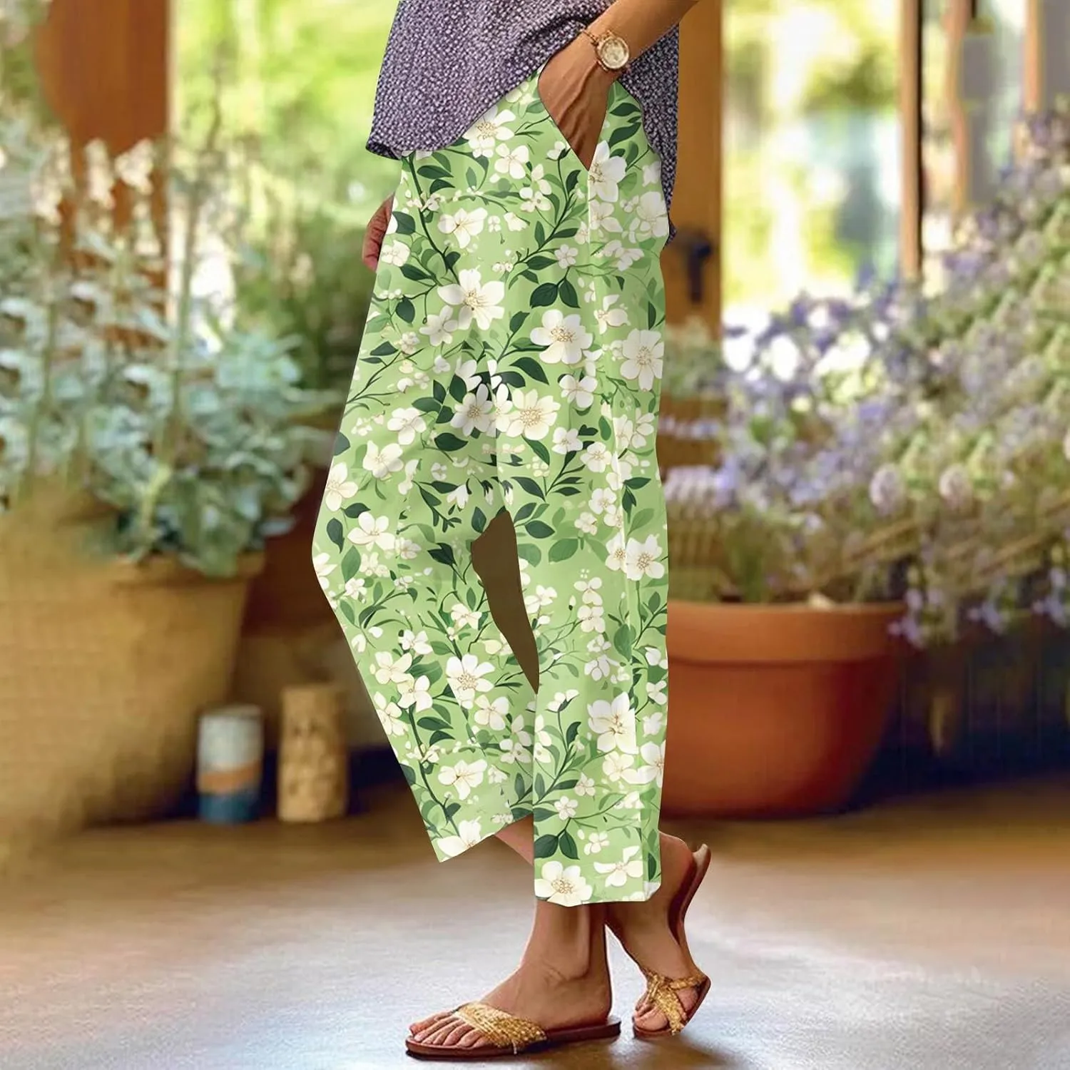 Capri Pants for Women Boho Floral Casual Linen Pants Elastic Waisted Drawstring Summer Beach Trouser with Pockets