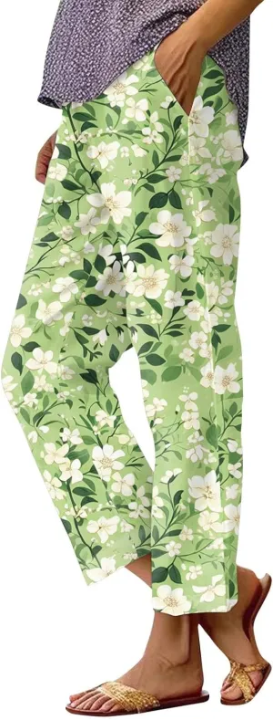 Capri Pants for Women Boho Floral Casual Linen Pants Elastic Waisted Drawstring Summer Beach Trouser with Pockets