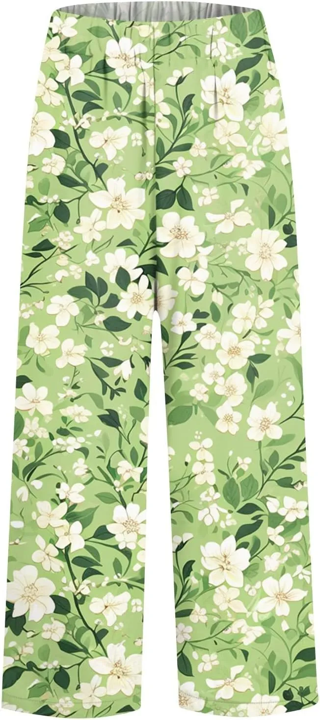 Capri Pants for Women Boho Floral Casual Linen Pants Elastic Waisted Drawstring Summer Beach Trouser with Pockets