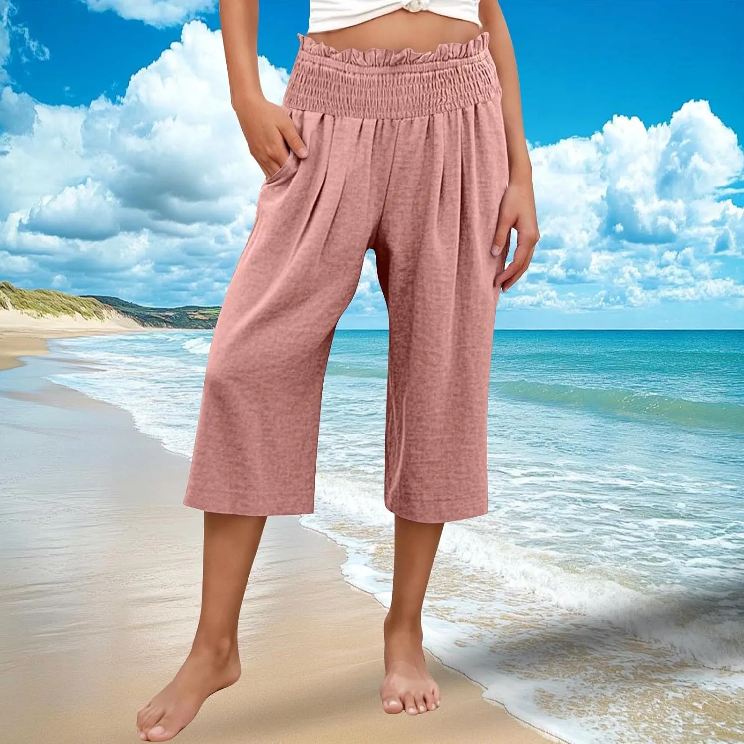 Capri Pants for Women Lightweight Summer High Waisted Wide Leg Palazzo Trousers with Pockets Travel Vacation Outfits