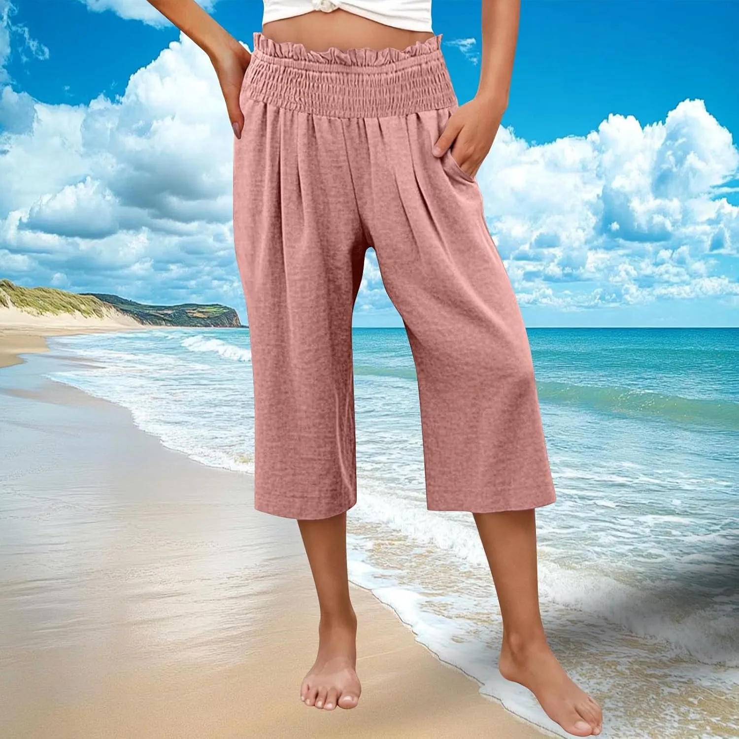 Capri Pants for Women Lightweight Summer High Waisted Wide Leg Palazzo Trousers with Pockets Travel Vacation Outfits