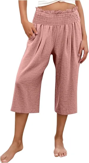 Capri Pants for Women Lightweight Summer High Waisted Wide Leg Palazzo Trousers with Pockets Travel Vacation Outfits