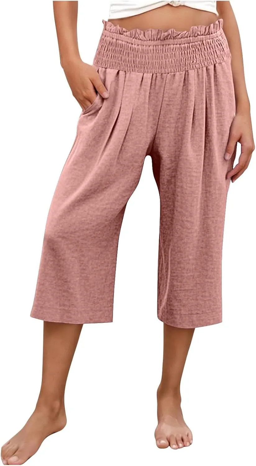 Capri Pants for Women Lightweight Summer High Waisted Wide Leg Palazzo Trousers with Pockets Travel Vacation Outfits