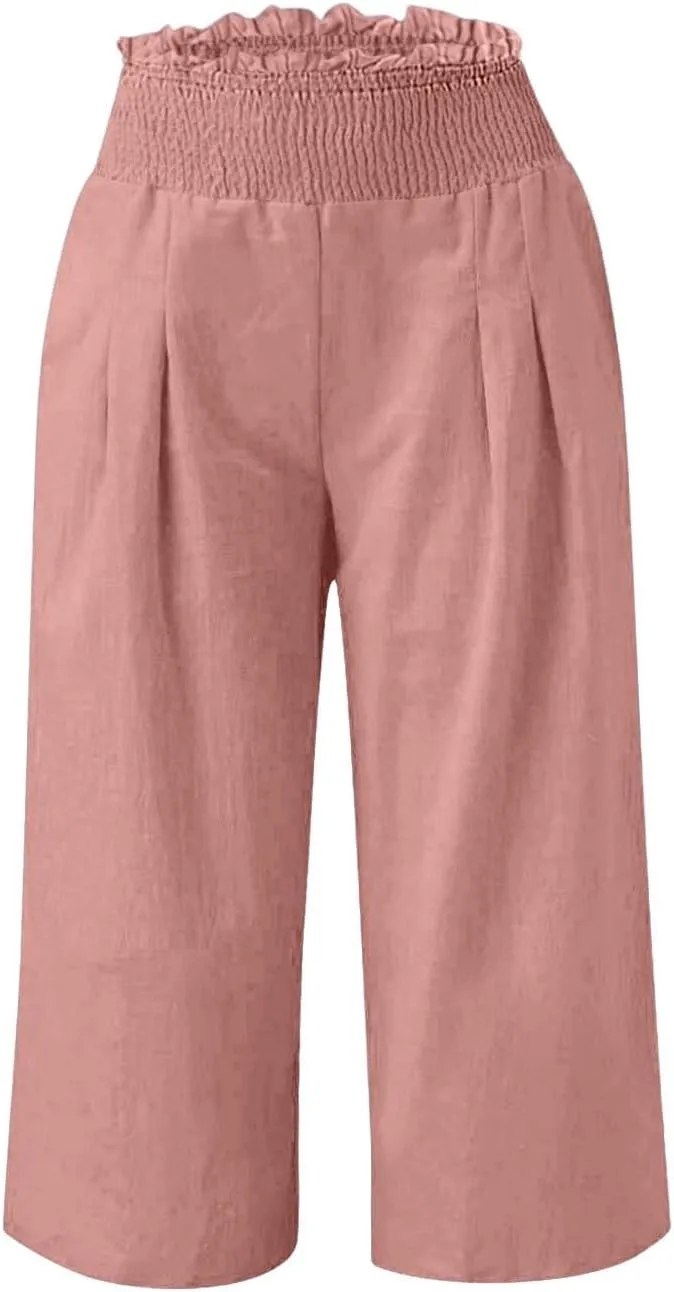 Capri Pants for Women Lightweight Summer High Waisted Wide Leg Palazzo Trousers with Pockets Travel Vacation Outfits