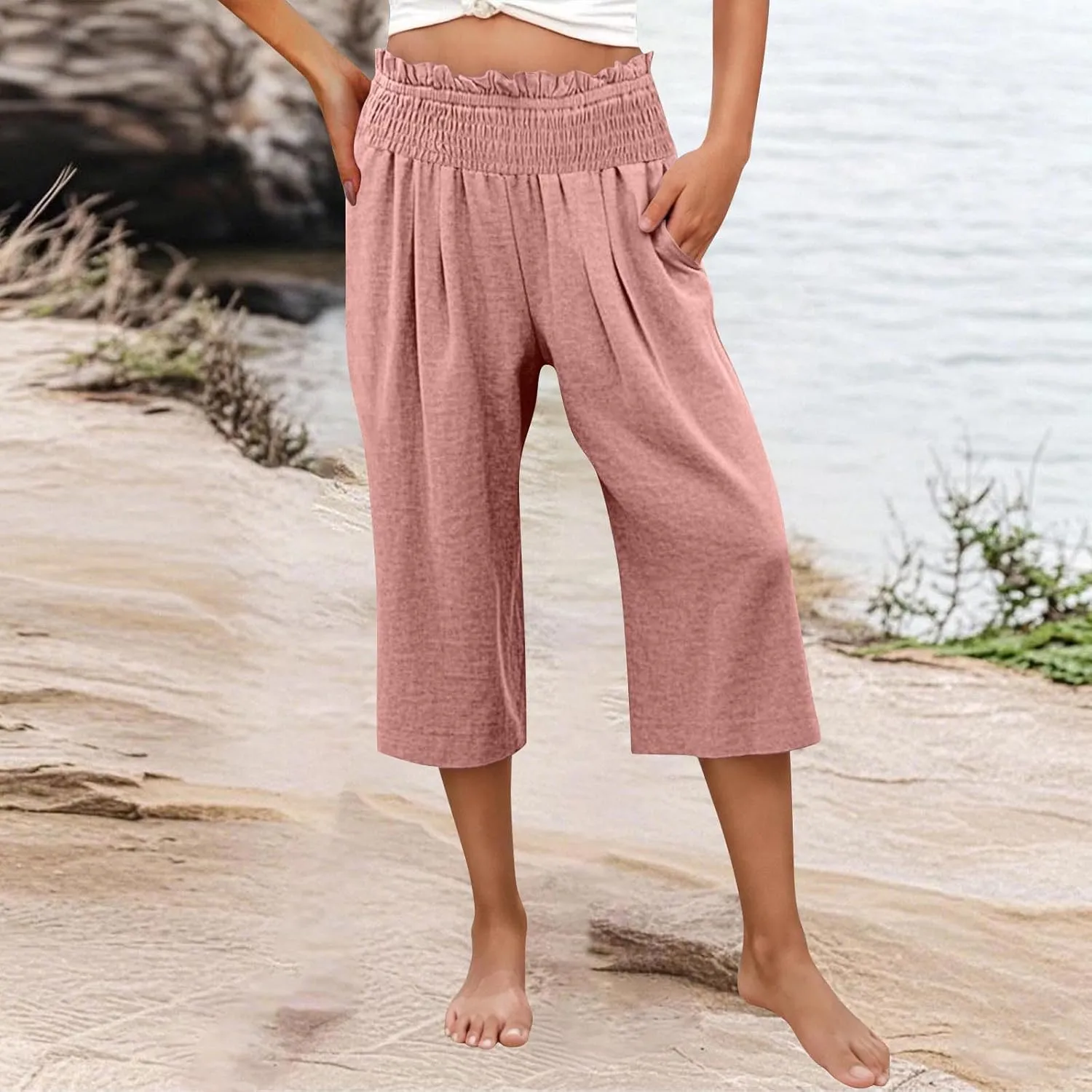 Capri Pants for Women Lightweight Summer High Waisted Wide Leg Palazzo Trousers with Pockets Travel Vacation Outfits