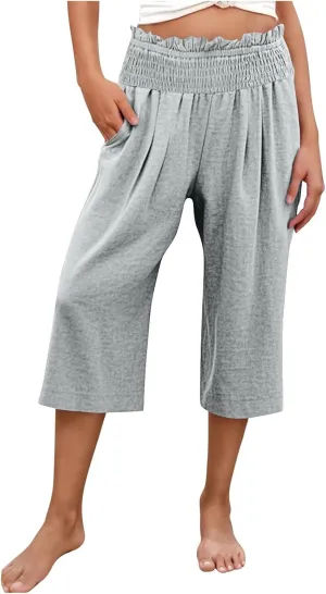 Capri Pants for Women Lightweight Summer High Waisted Wide Leg Palazzo Trousers with Pockets Travel Vacation Outfits